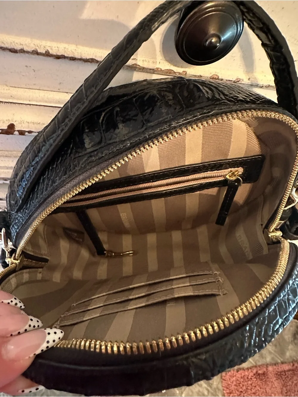 Brahmin Black Round Crossbody with Pink Floral Print
